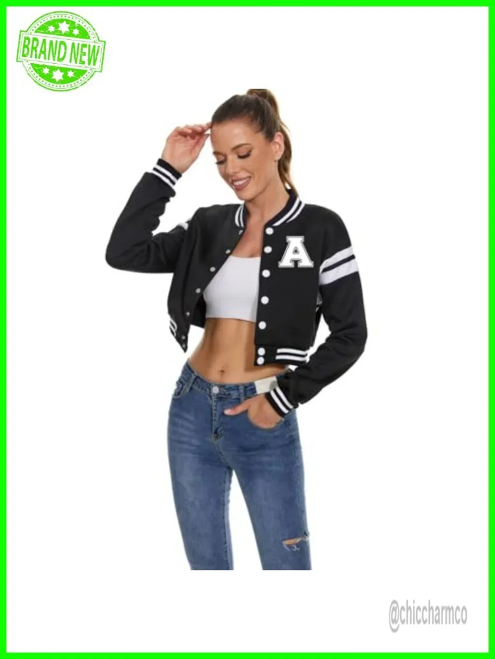 Women's Varsity Baseball Jacket Crop Top Letter Print Casual Bomber Coat